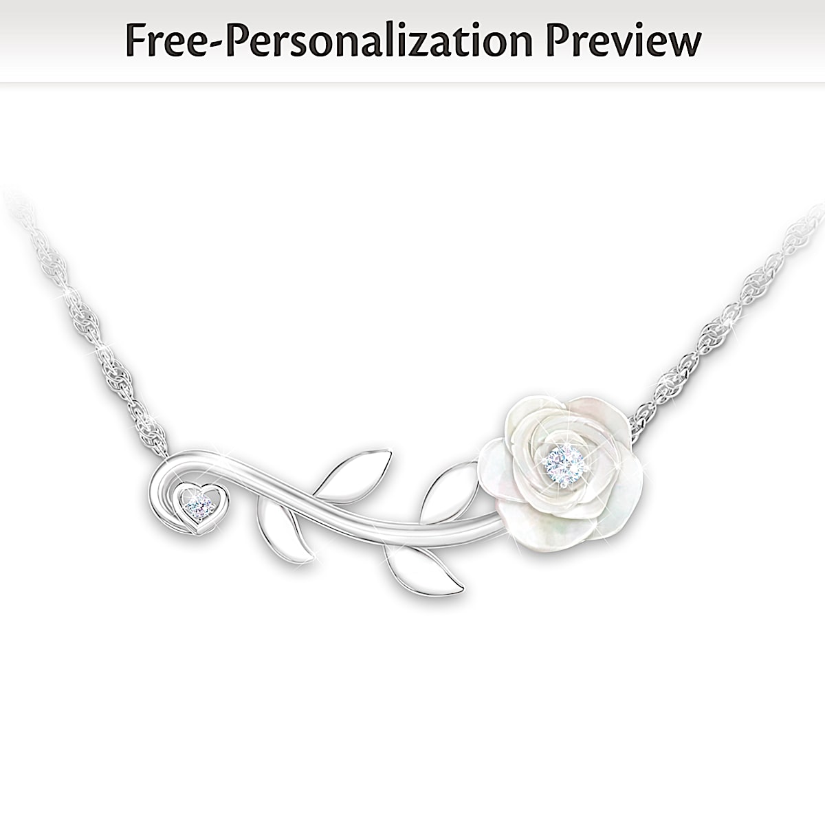 Personalized Daughter Necklace With A Carved Mother Of Pearl Flower And Set With Diamond Accents