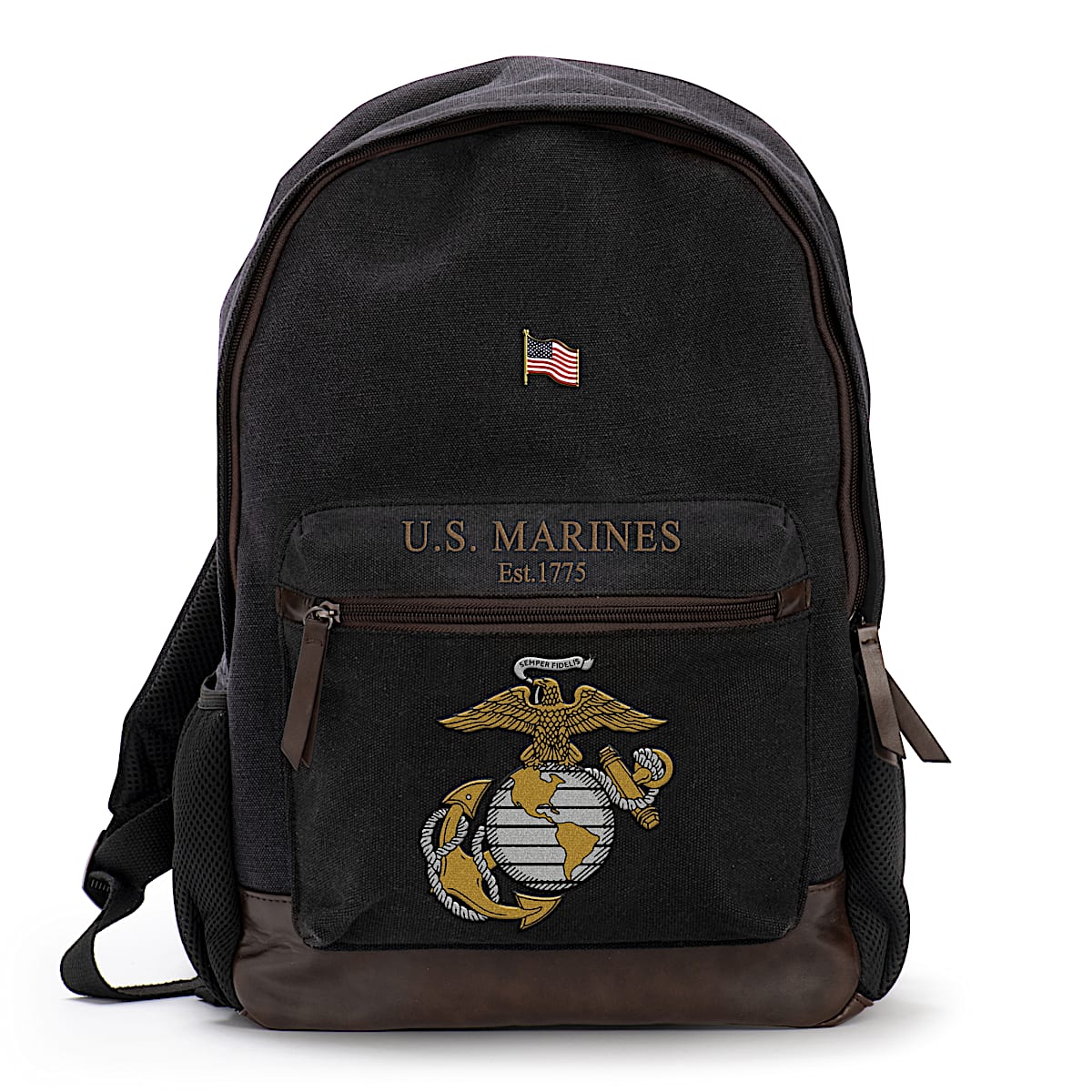 U.S. Marines Black Canvas Backpack Featuring An Embroidered USMC Emblem &  Brown Faux Leather Accents With A Free American Flag Pin