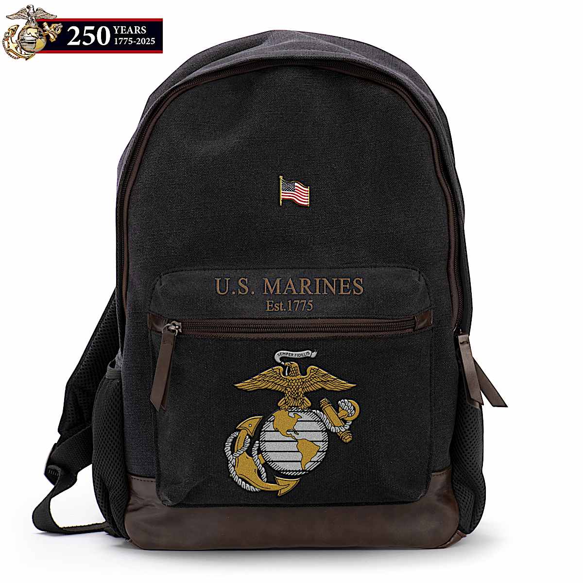 U.S. Marines Black Canvas Backpack Featuring An Embroidered USMC Emblem &  Brown Faux Leather Accents With A Free American Flag Pin