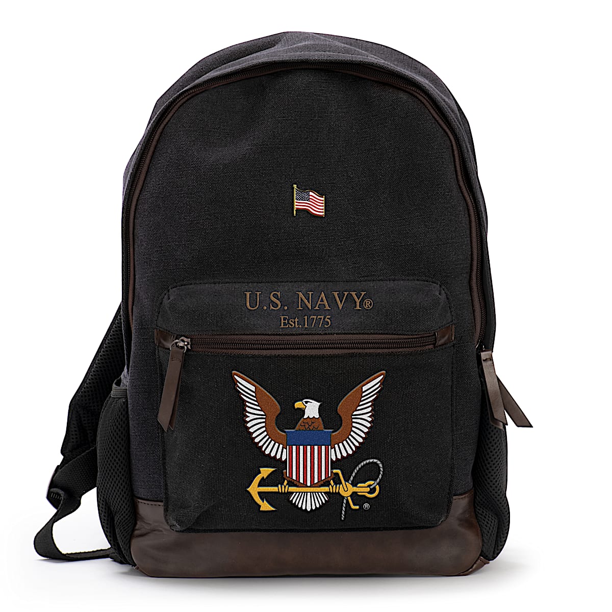 U.S. Navy Black Canvas Backpack Featuring An Embroidered U.S. Navy Emblem &  Brown Faux Leather Accents With A Free American Flag Pin