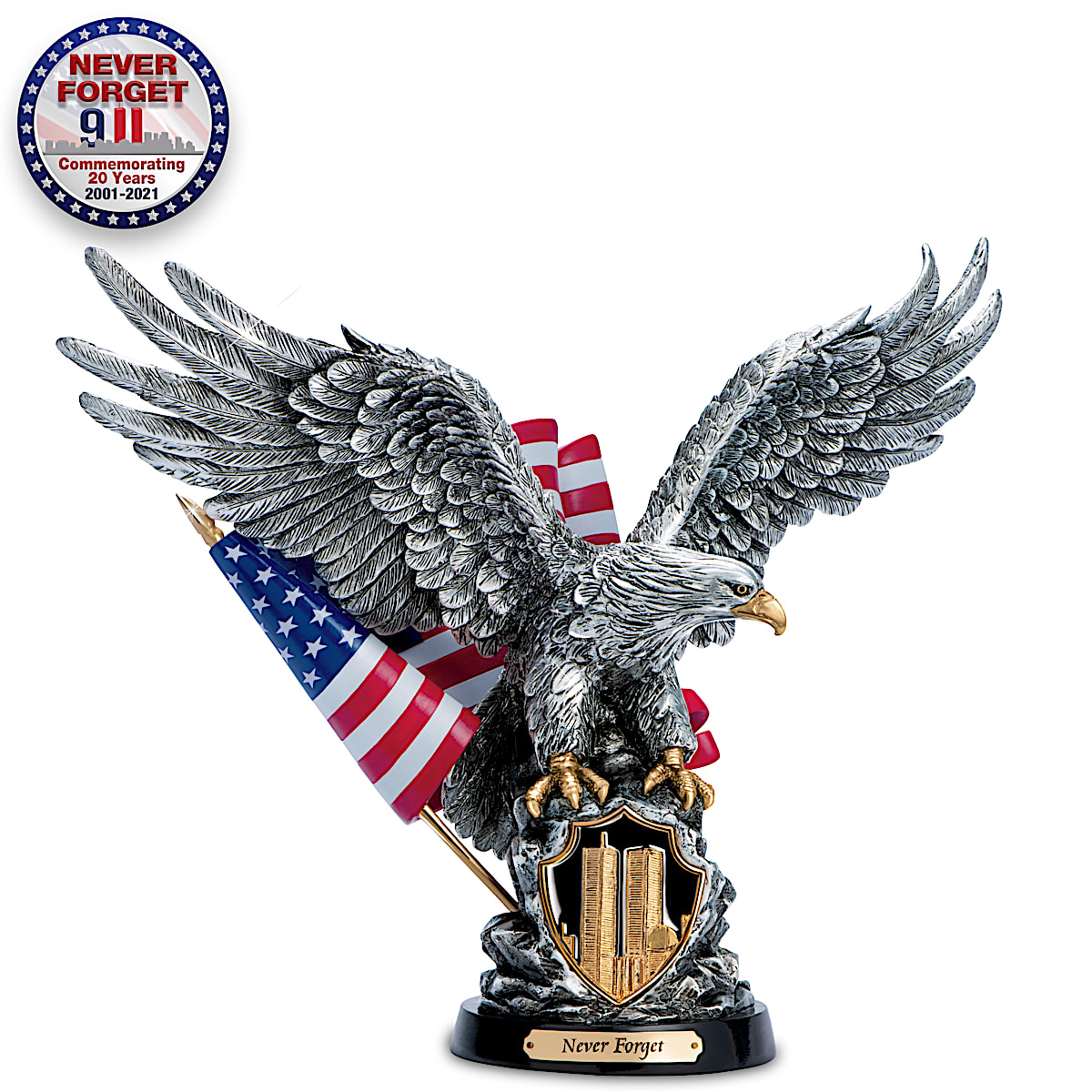 Never 9/11 Tribute Sculpture Featuring A ColdCast Pewter Eagle