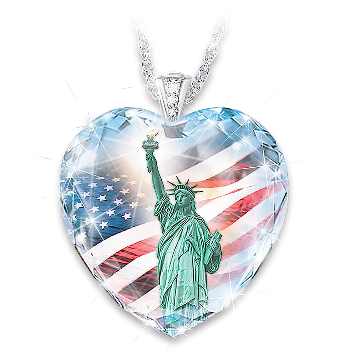 Diamond American Flag Necklace – Stars and Stripes Heart Pendant