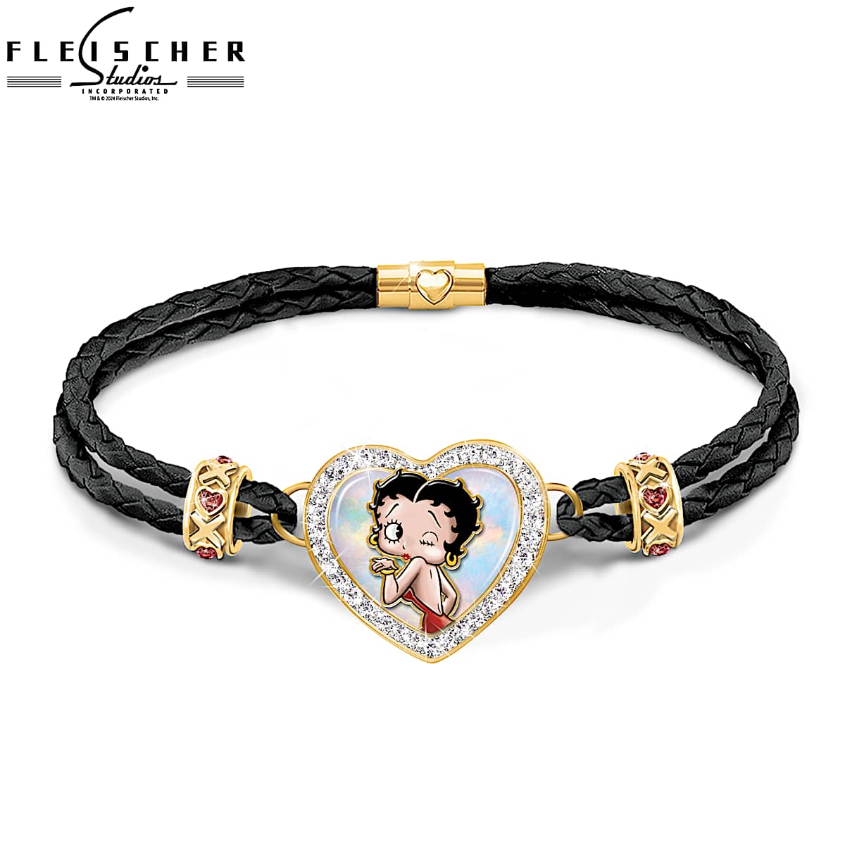 XOXO Betty Boop Black Leather Bracelet Featuring A Heart-Shaped Charm Set  With A Mother-Of-Pearl Inlay And Adorned With Clear Crystals