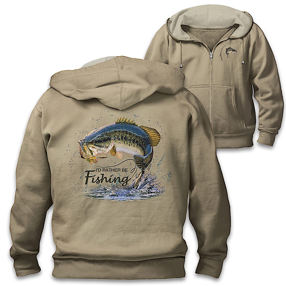 Fish On! Mens Full-Zip Hoodie Featuring Fishing Art By Artist Al Agnew With  An Avid Anglers Favorite Sentiment Id Rather Be Fishing On The Back