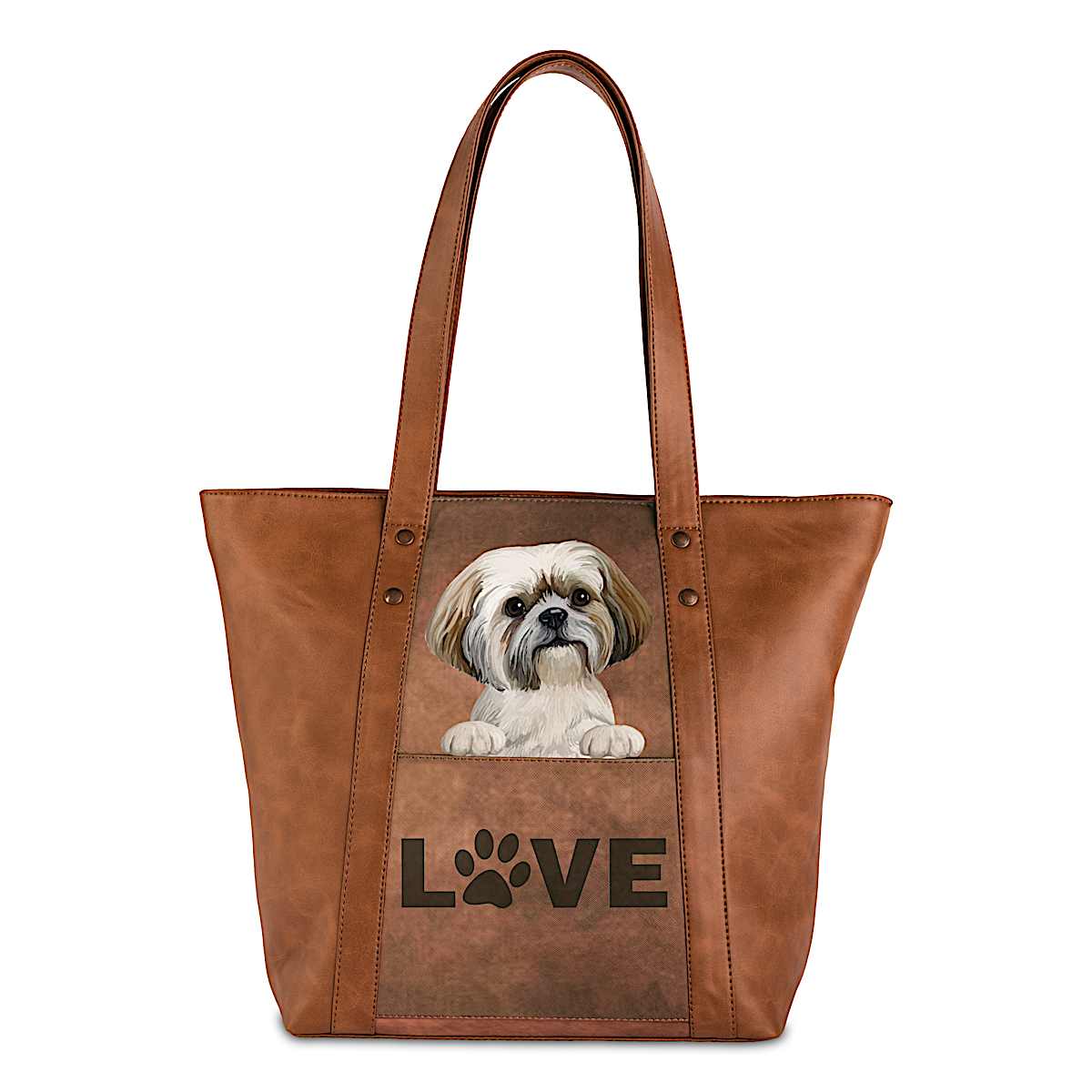 プードルBAG Peek-A-Boo Pup Womens Marbled Two-Tone Brown Faux Leather Tote Bag
