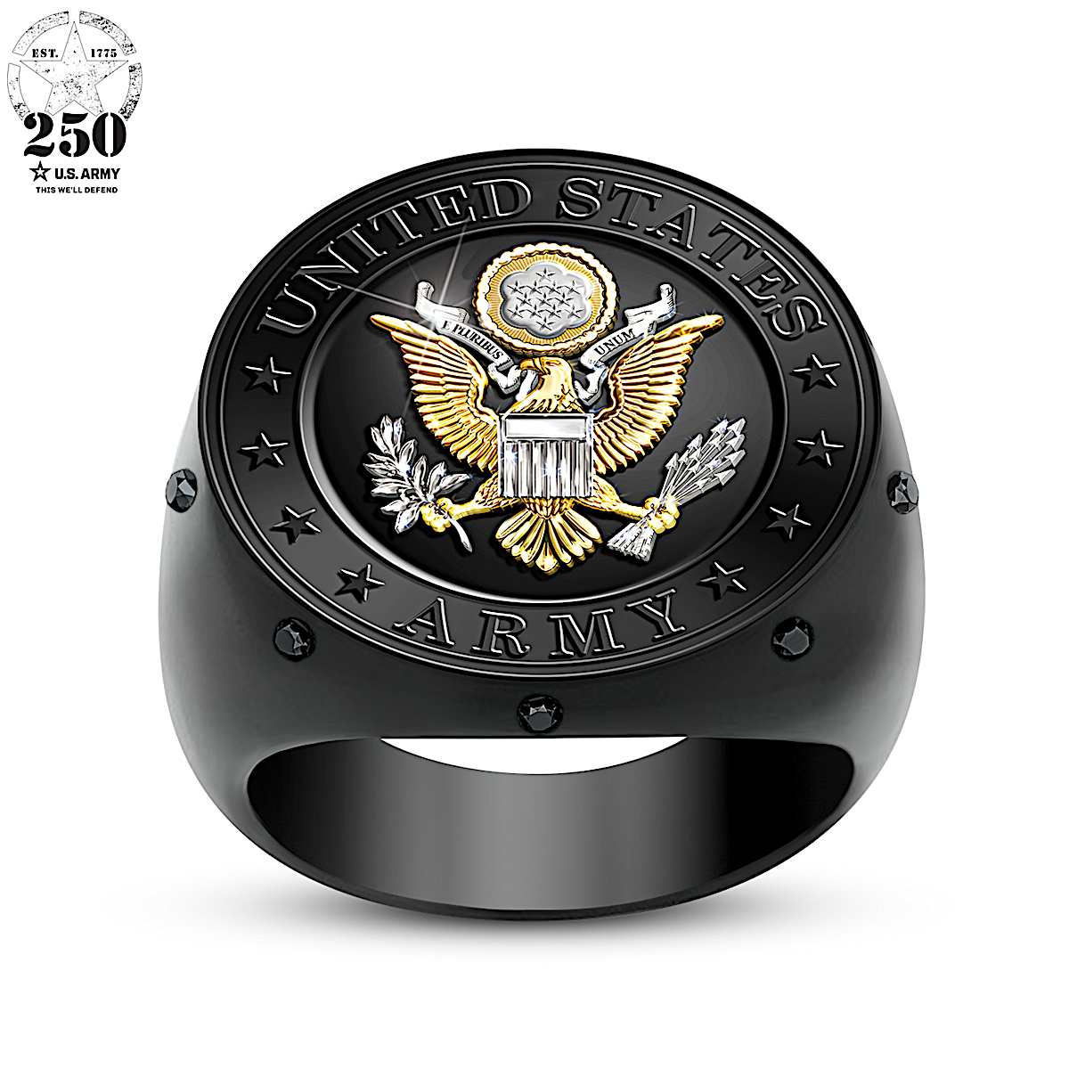 Army Pride Stainless Steel Ring Ion Plated In Jet Black, 24K Gold 