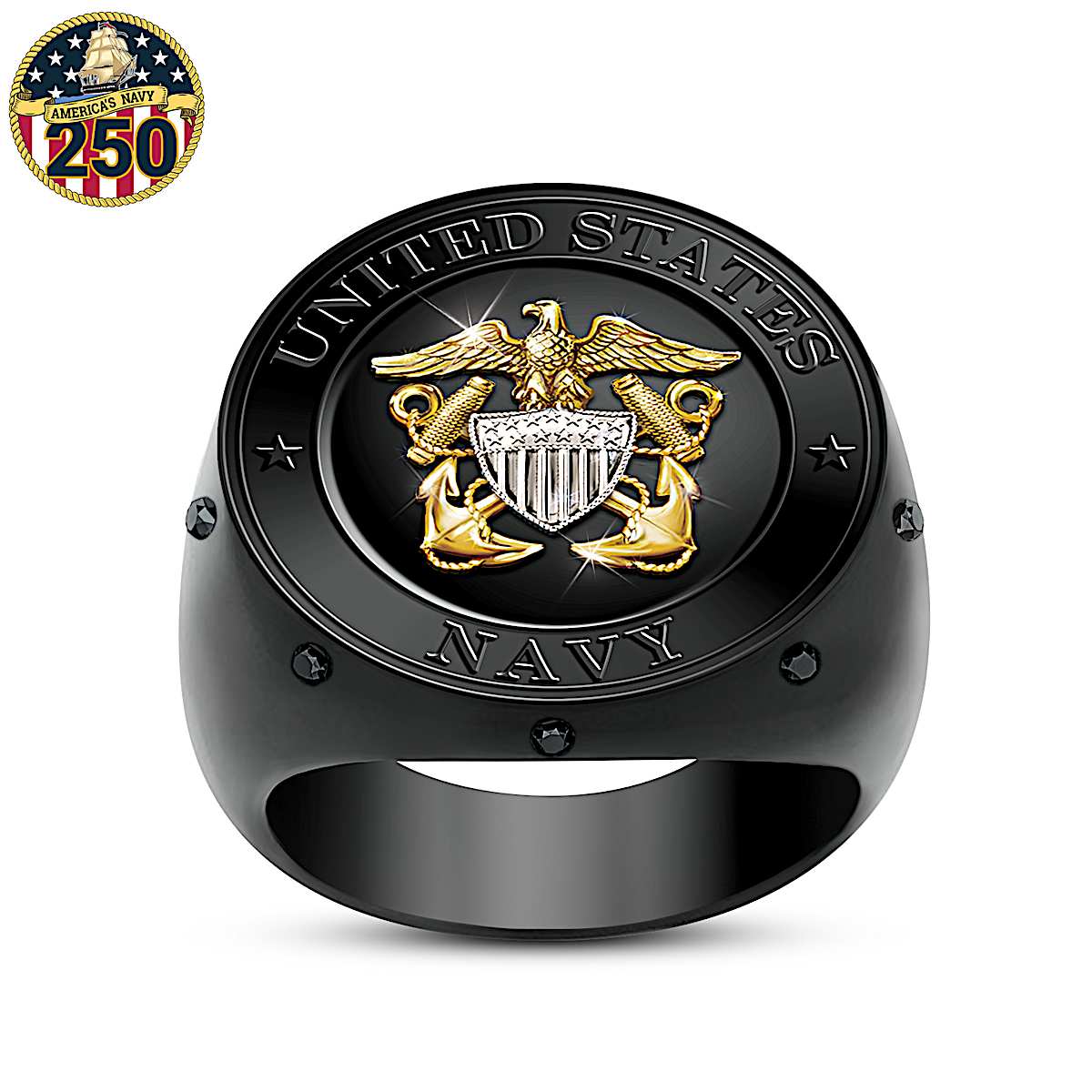 Mens Jet Black U.S. Navy Ring Adorned With The U.S. Navy Emblem