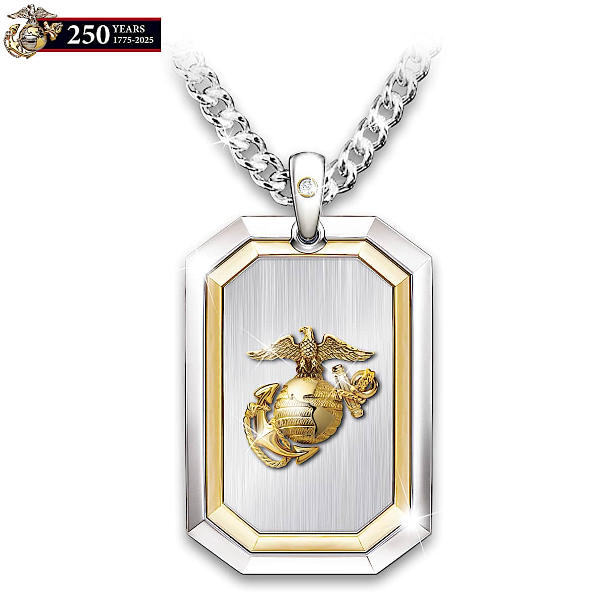 The Courage To Serve USMC Stainless Steel Dog Tag Pendant Necklace Adorned With A Diamond And 24K Gold Ion Plated Accents