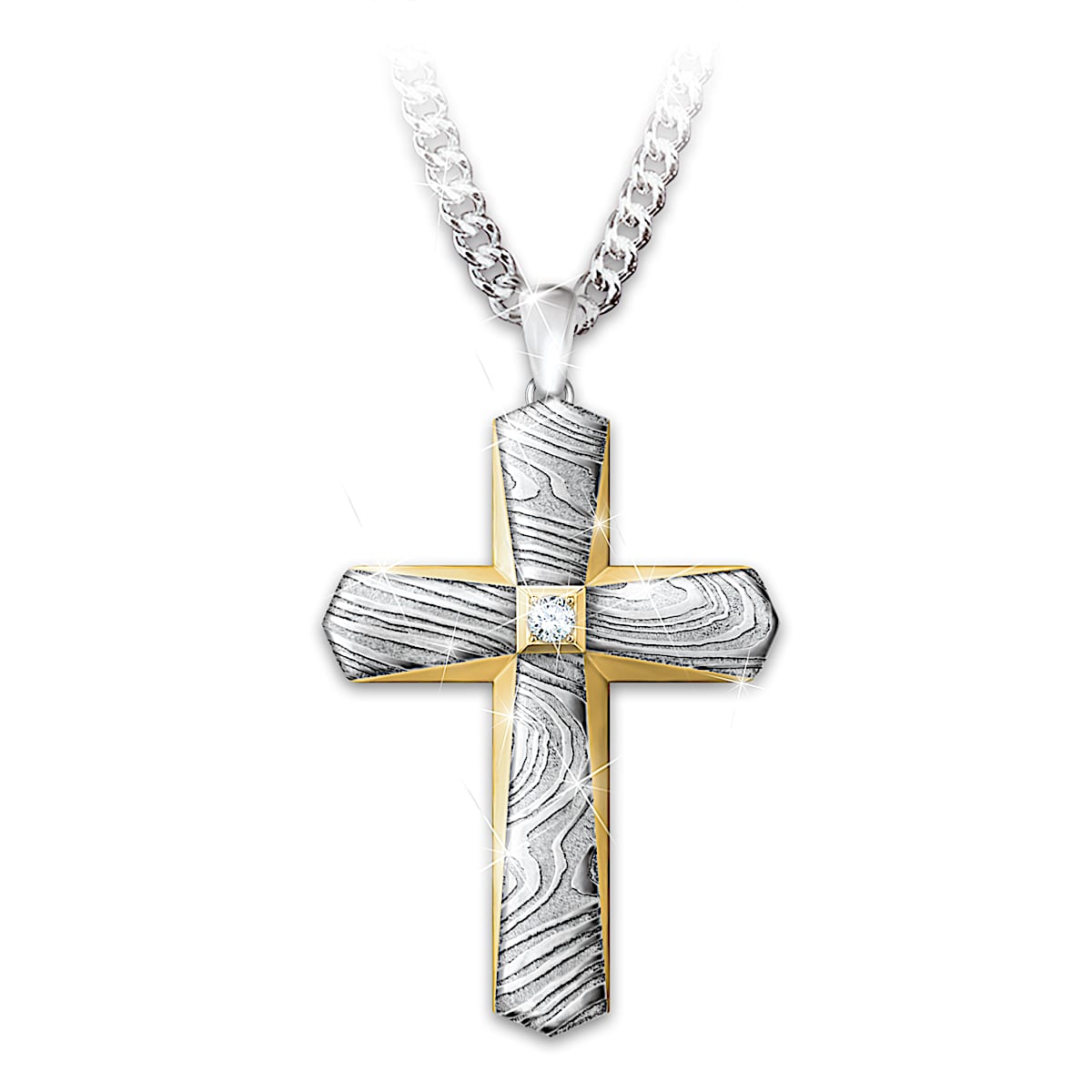 Cross Necklace For Son With Damascus Steel %26 White Sapphire