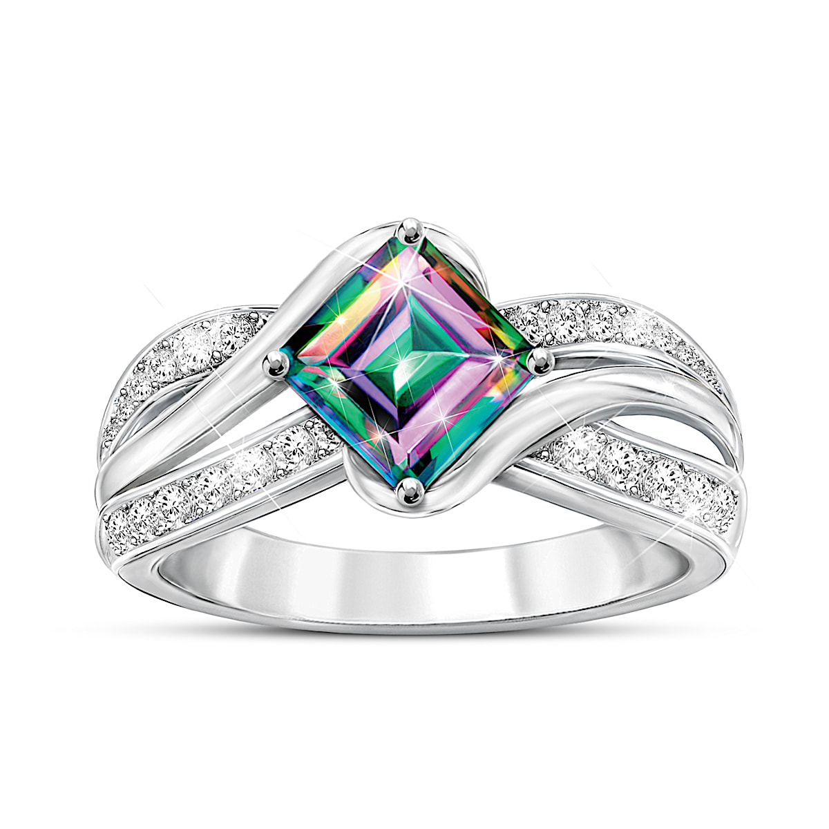 Northern Lights Sterling Silver Ring Featuring A Princess Cut Aurora Mystic Topaz Center Stone Adorned With 2 Cascading Rows Set With 24 White Topaz