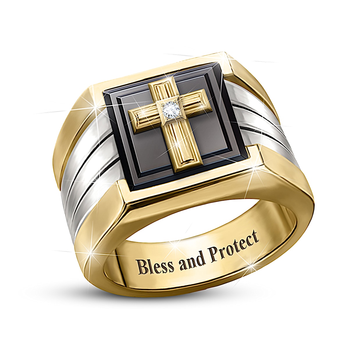 Power Of Faith 24K Gold Ion-Plated Signet Ring Featuring A Religious ...