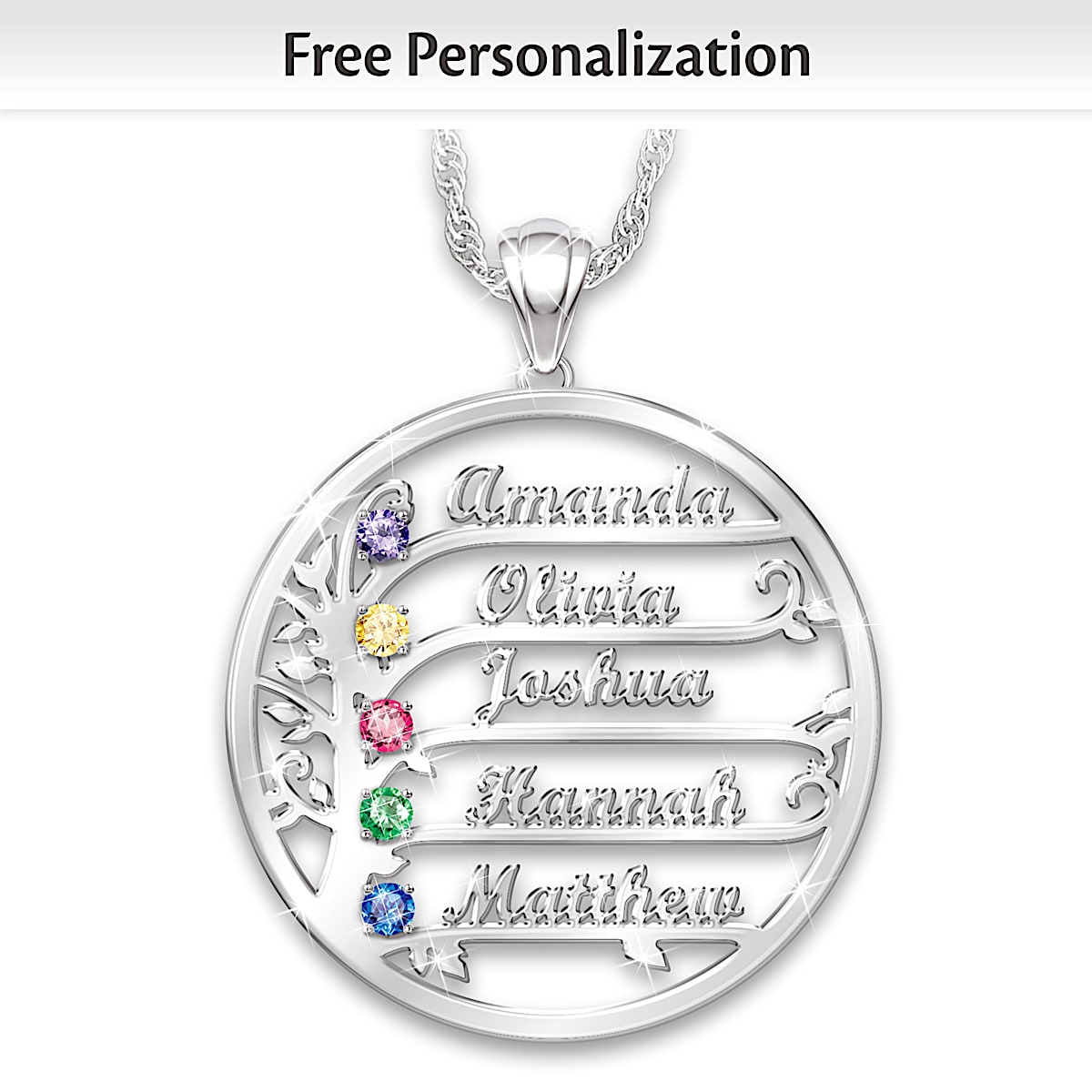 Round Platinum Plated Family Tree Pendant Adorned With Sculpted Names And Crystal Birthstone Accents