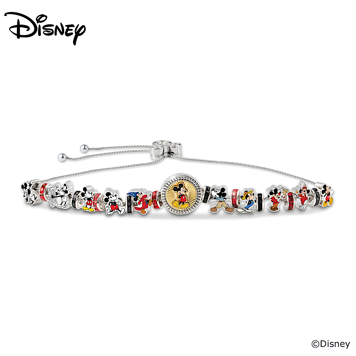 Rhodium Plated Bolo Style Bracelet Adorned With 10 Colorful Sculpted Charms Of Disneys Mickey Mouse