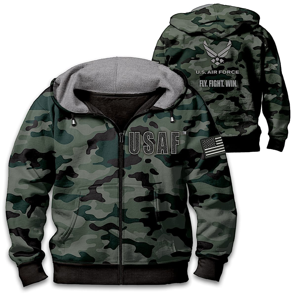 Military Camo U.S. Air Force Mens Cotton Blend Full-Zip Hoodie 