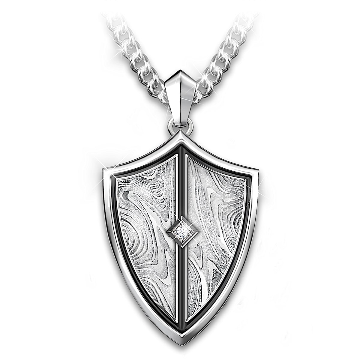 Grandson Stainless Steel Shield Pendant Featuring A Damascus ...