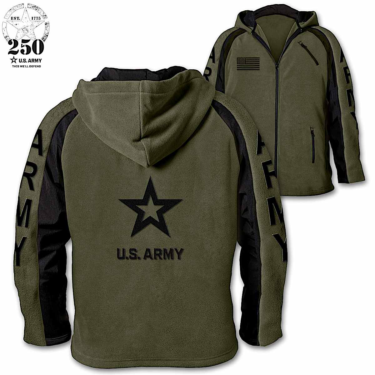 U.S. Army Green Fleece Jacket With Raglan-Style Sleeves And Army 