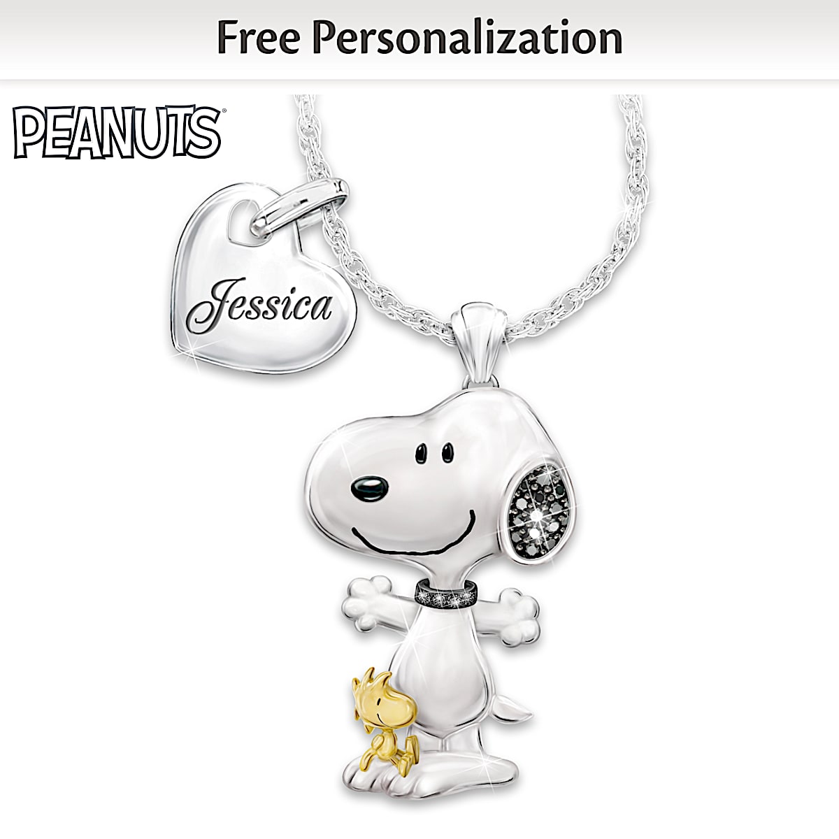 PEANUTS Personalized Platinum Plated Snoopy And Woodstock Pendant Adorned With Crystal Accents
