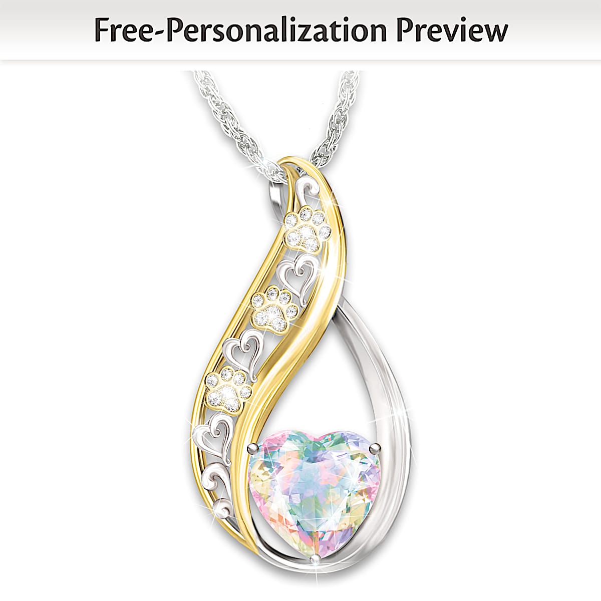 Personalized Pet Remembrance Pendant Adorned With A Heart Shaped Crystal And Sculpted Paw Prints