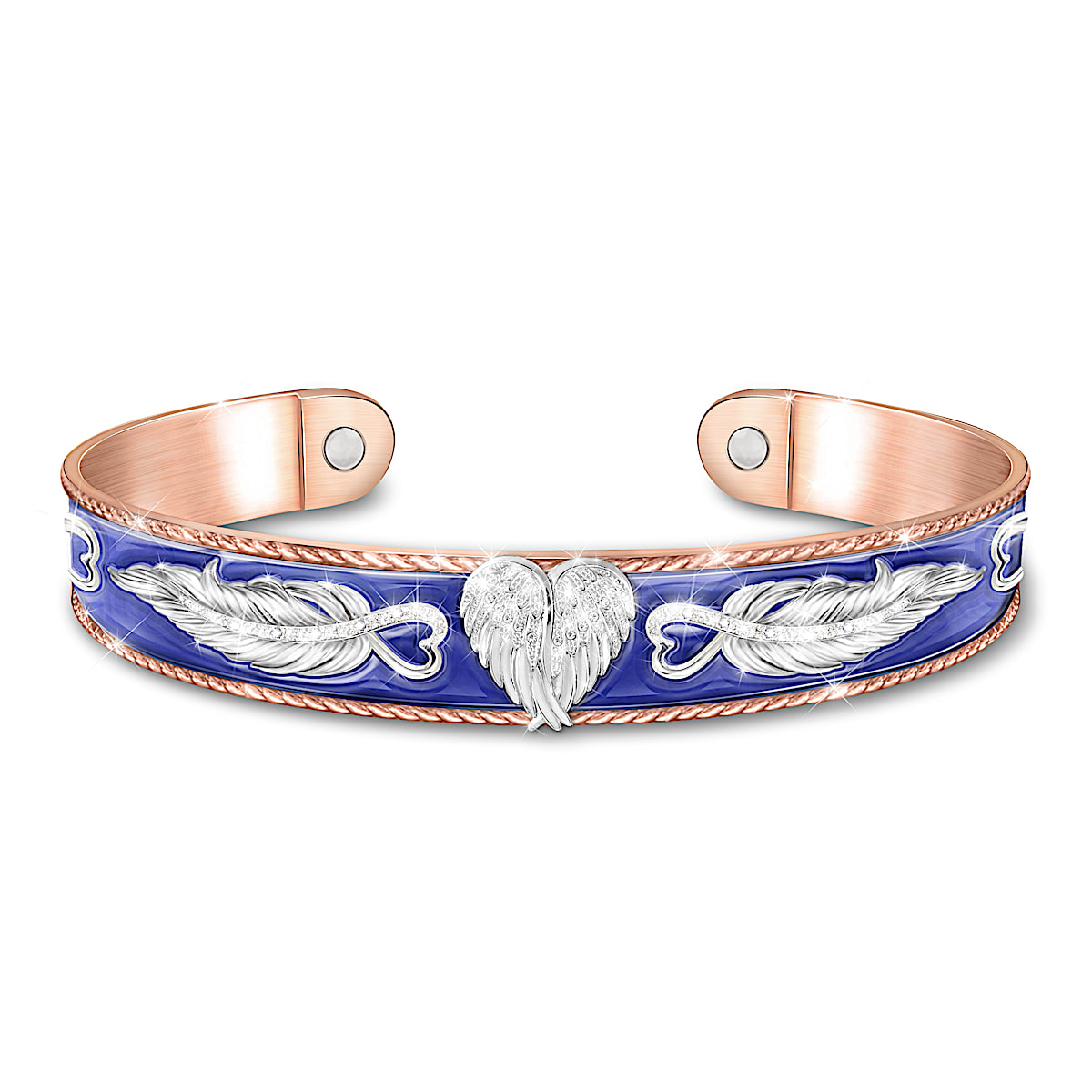 Guardian Angel Healing Embrace Bangle Style Copper Bracelet Featuring A Heart In The Center With An Angel Wing Motif And Adorned With 20 Crystals