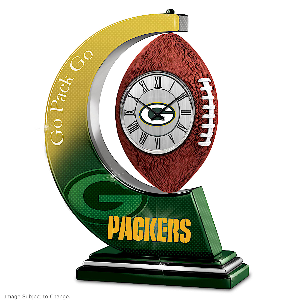 Green Bay Packers Three-Dimensional Rotating NFL Football Desk Clock  Adorned With Team Colors And Logos