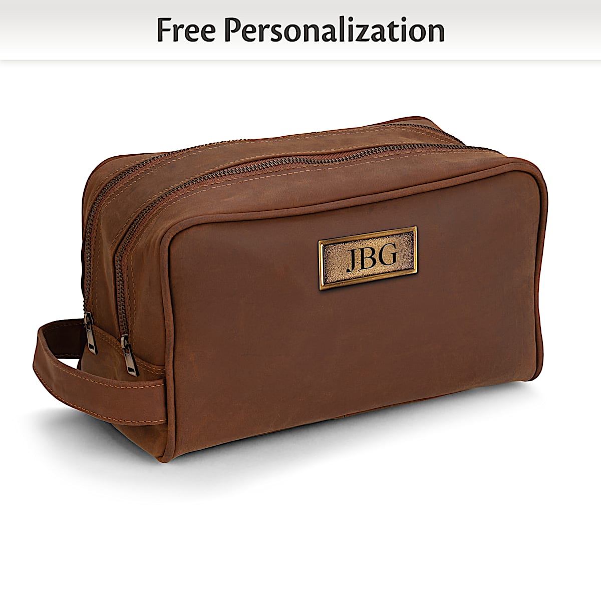 Personalized Mens Brown Faux Leather Toiletry Bag Featuring A Bronze Toned Plaque Etched With 3 Monogrammed Initials Of Your Choice