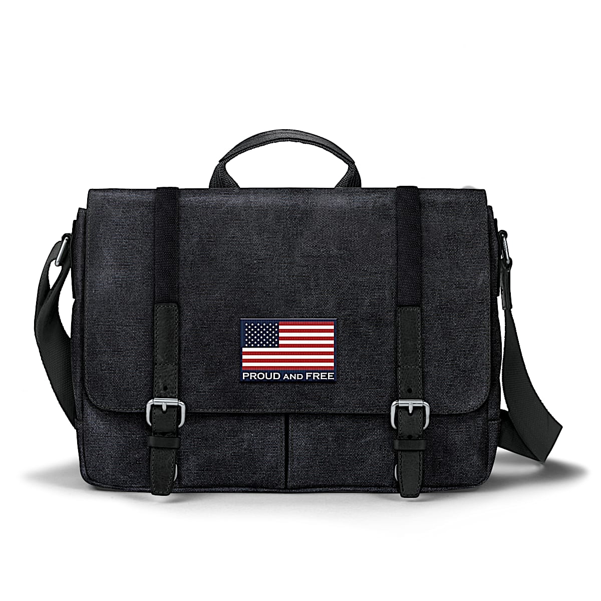 American Flag Mens Black Washed Canvas Patriotic Messenger Bag With A Front Flap Tuck Lock Closure Featuring American Flag Patch On The Front