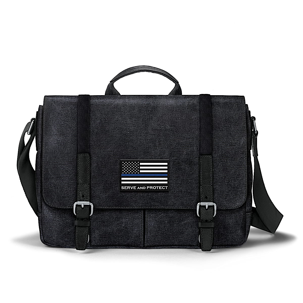 Police Flag Mens Black Washed Canvas Messenger Bag With A Front Flap Tuck Lock Closure Featuring A Police Flag Applique Patch On The Front
