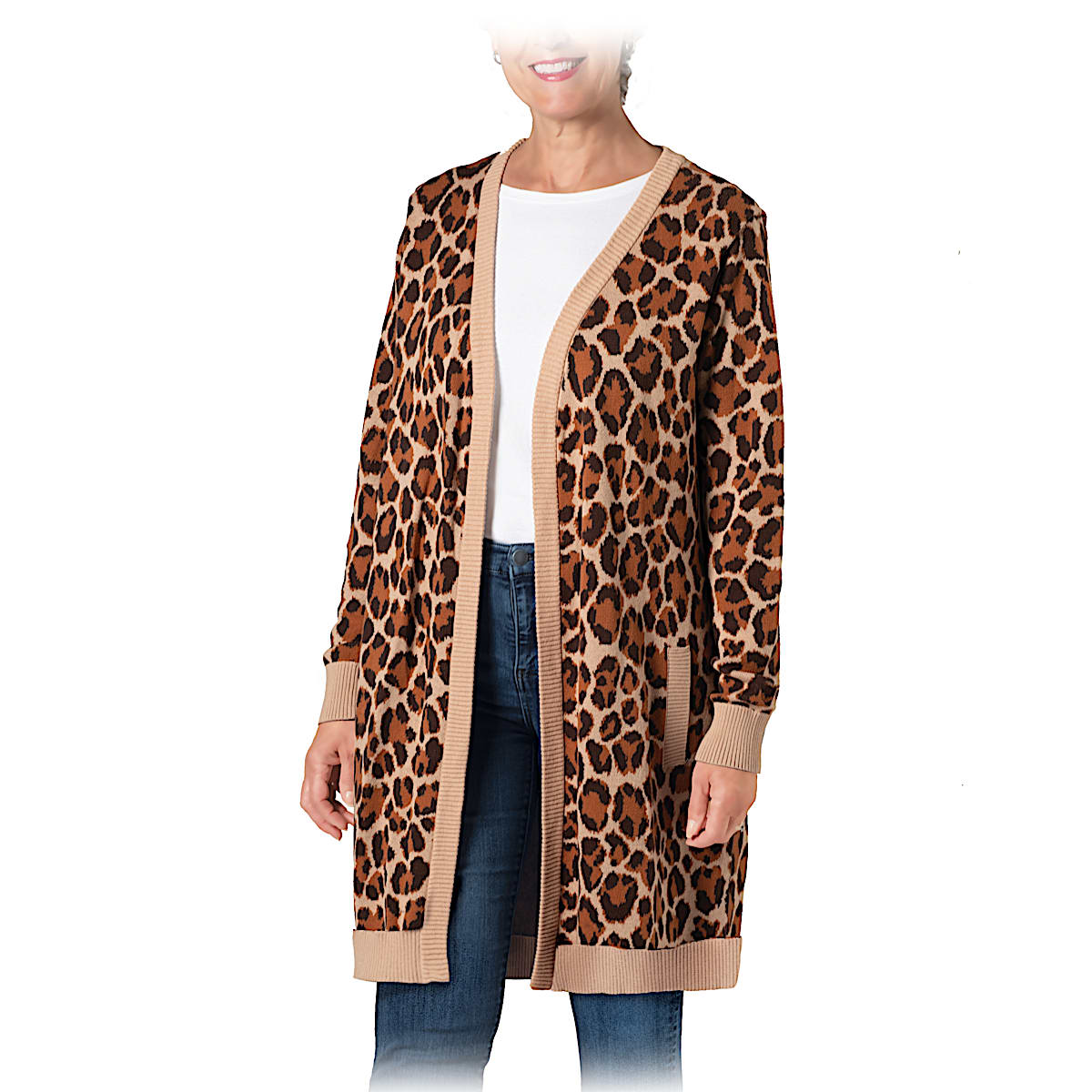 Leopard Luxe Womens Neutral-Colored Knee-Length Intarsia Knit Cardigan ...