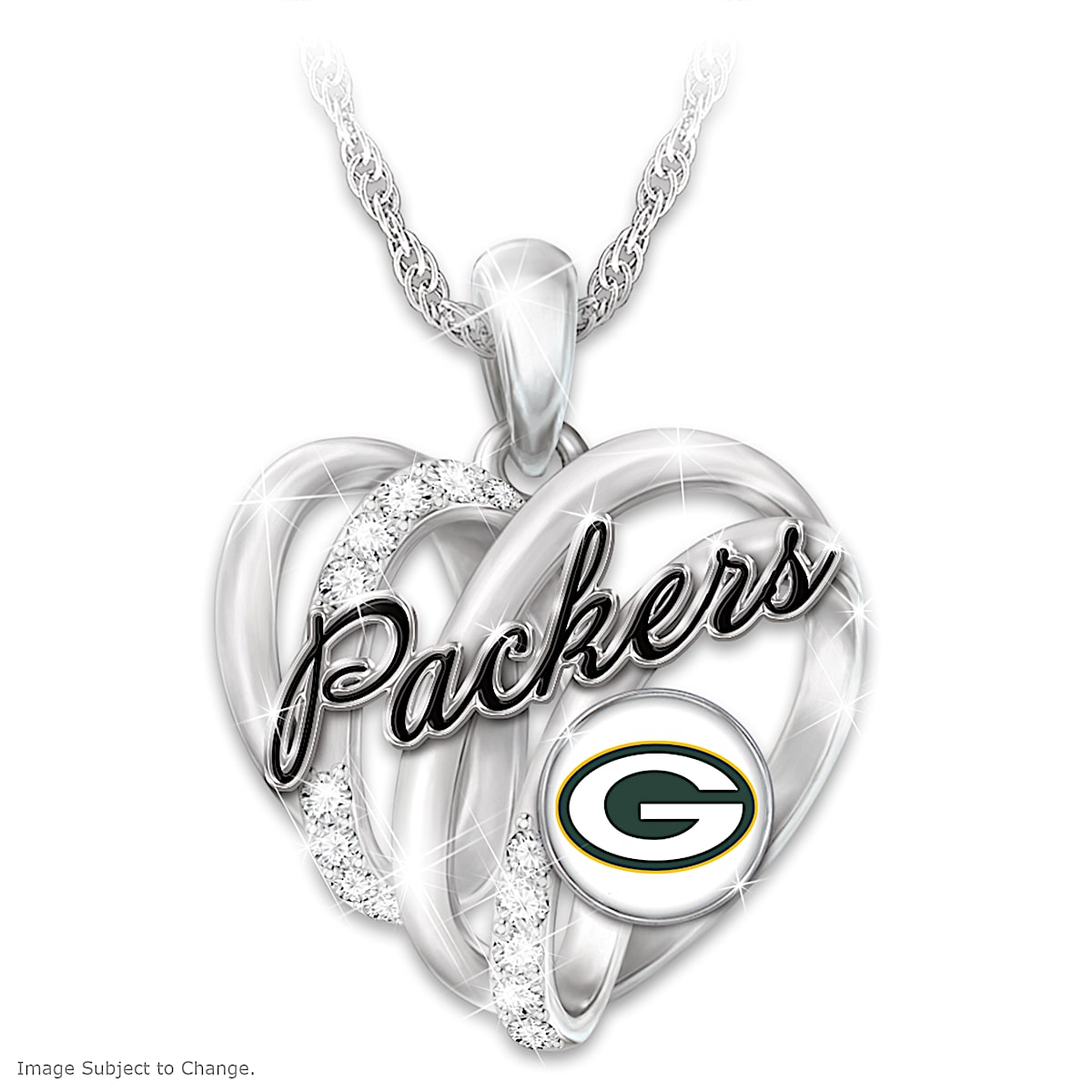 Green Bay Packers Written On My Heart NFL Sterling Silver Plated Pendant Necklace Featuring A Heart With Team Name And Adorned With Crystal Accents