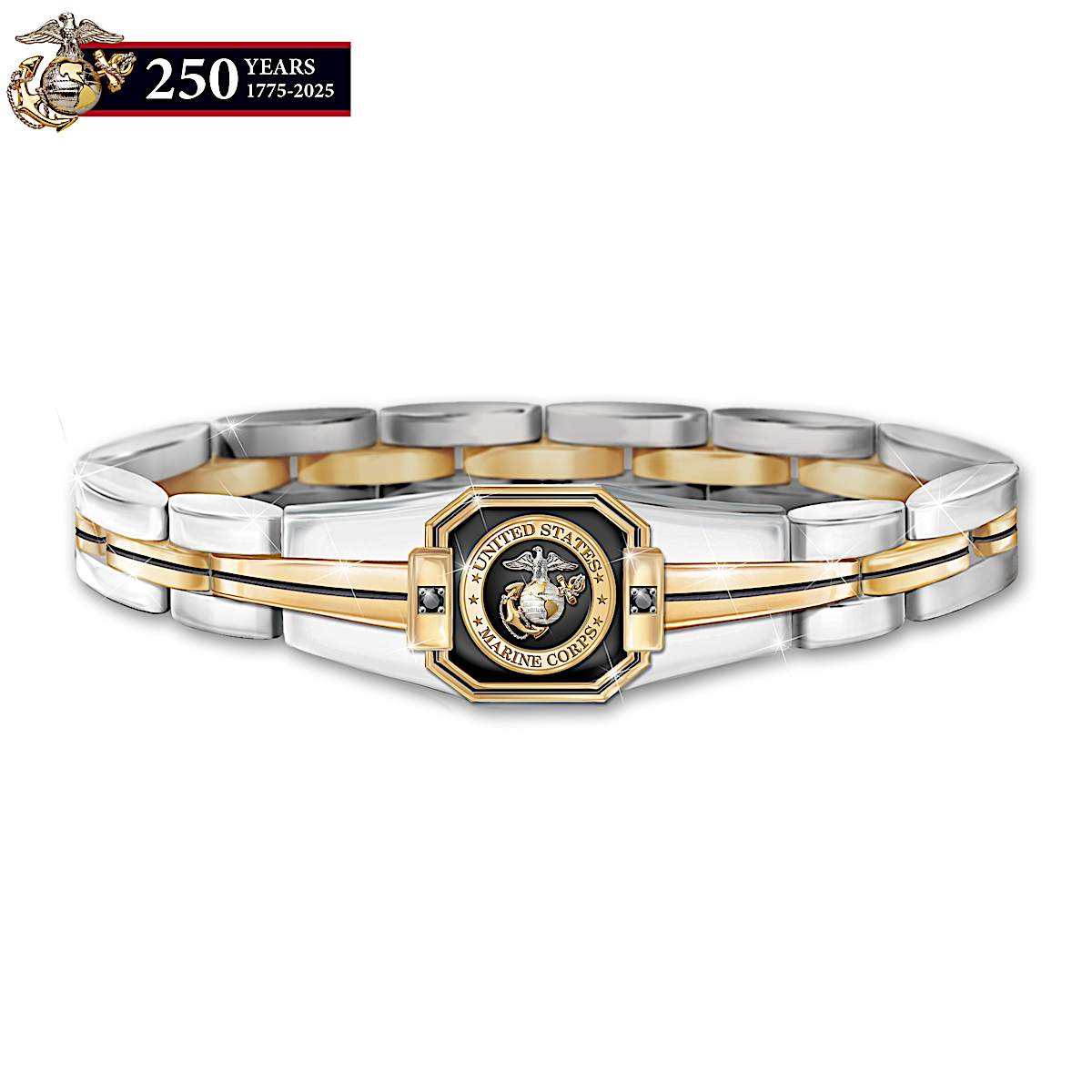 Men's Two-Tone U.S. Marine Corps Link Bracelet Adorned With