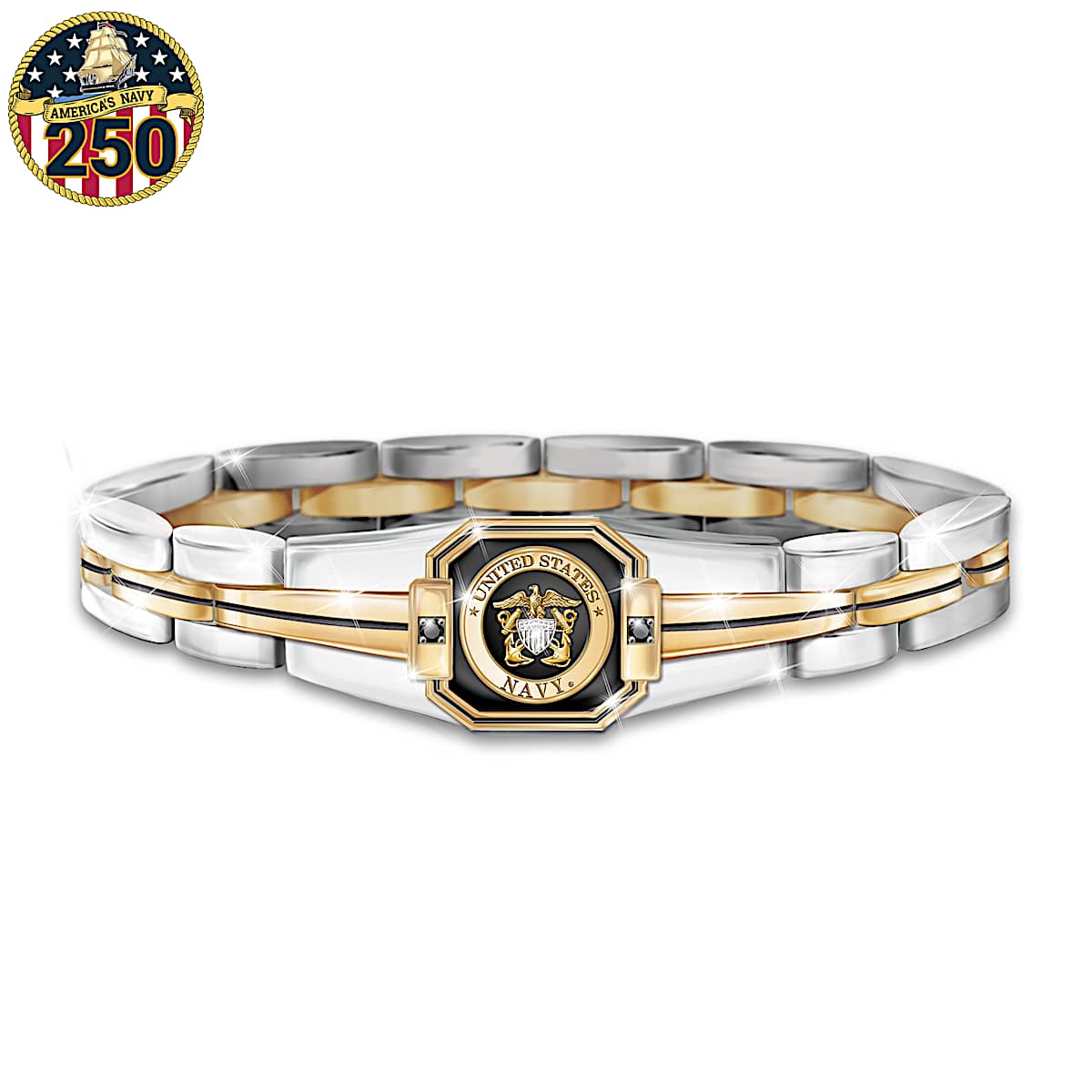 Stainless Steel Link Bracelet With 24K Gold Ion-Plated Accents, 2