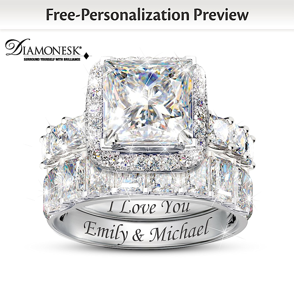 Personalized Simulated Diamond Bridal Ring Set With Engagement Ring And Engraved Wedding Band