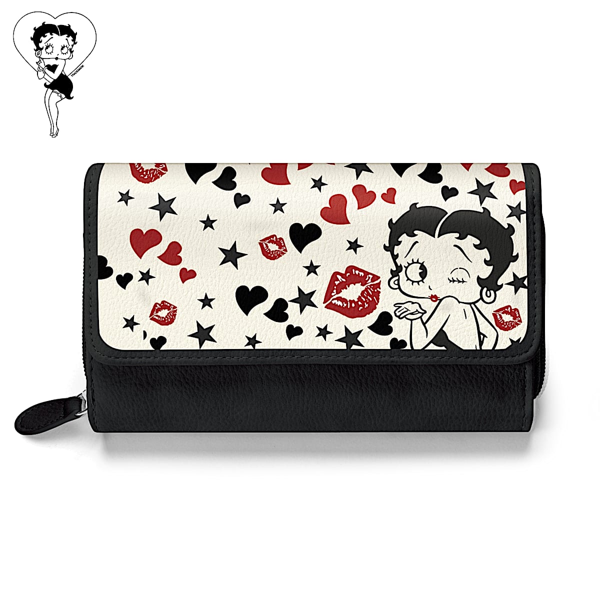 Betty Boop Womens Black Faux Leather Trifold Wallet Featuring A