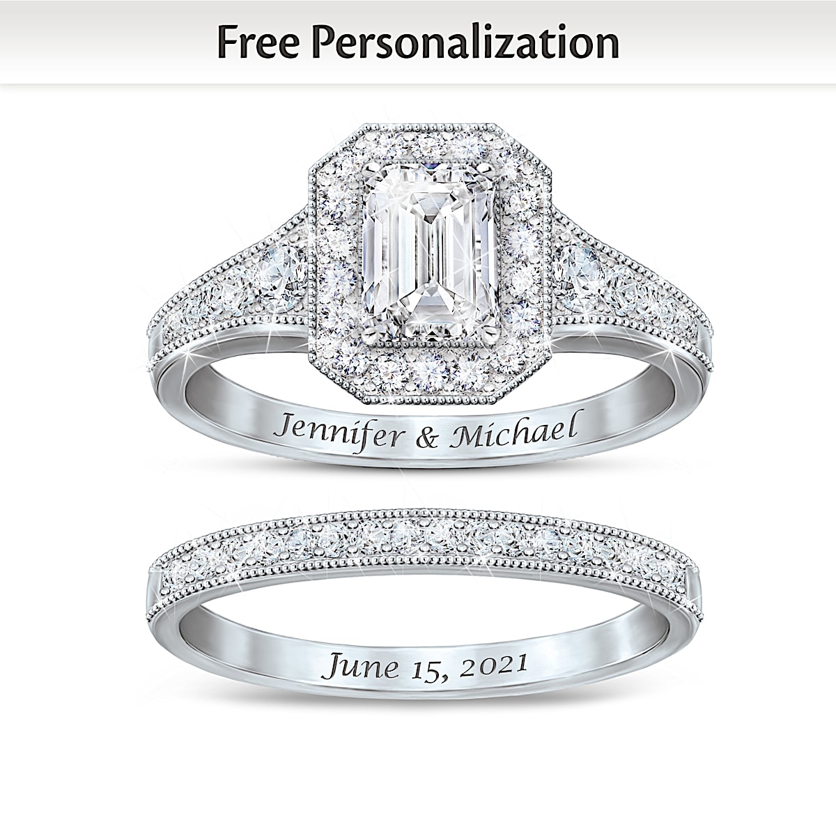 Forever And Ever PlatinumPlated ArtDeco Bridal Ring Set Adorned With