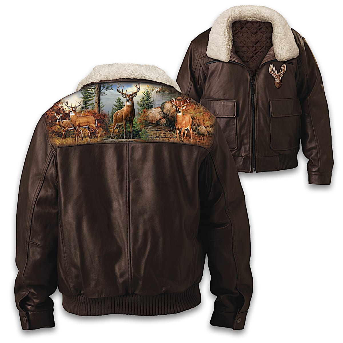 Forest Guardians Brown Leather Bomber Jacket Featuring Deer Art On 