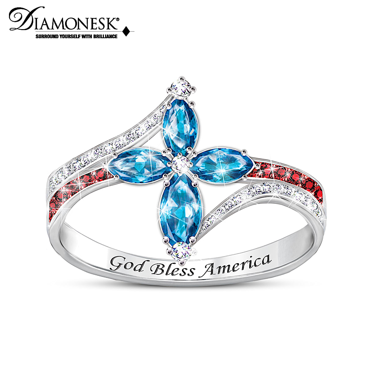 Religious Cross Ring Adorned With Simulated Blue Topaz, Simulated Red