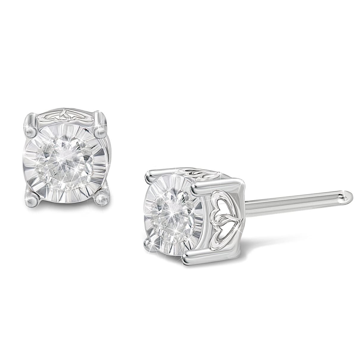 Sterling Silver Stud Earrings Set With 1 Diamond Each And Adorned