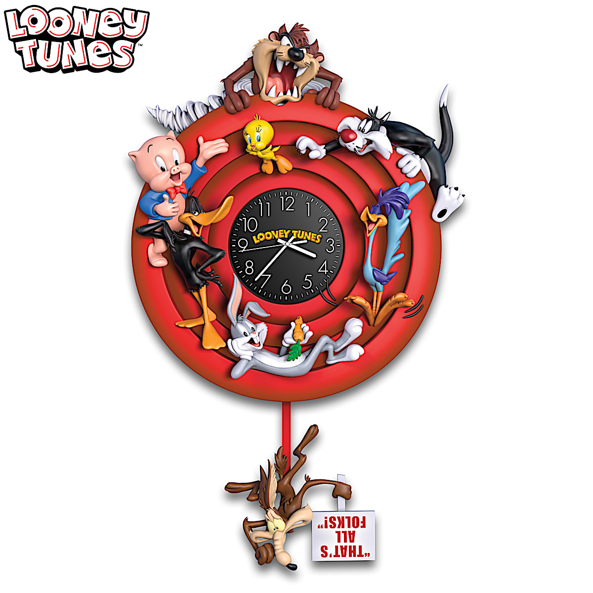 LOONEY TUNES 16 High Sculptural Wall Clock Featuring The Iconic Red  Bullseye Adorned With 8 Classic Characters Including A Wile E. Coyote  Pendulum