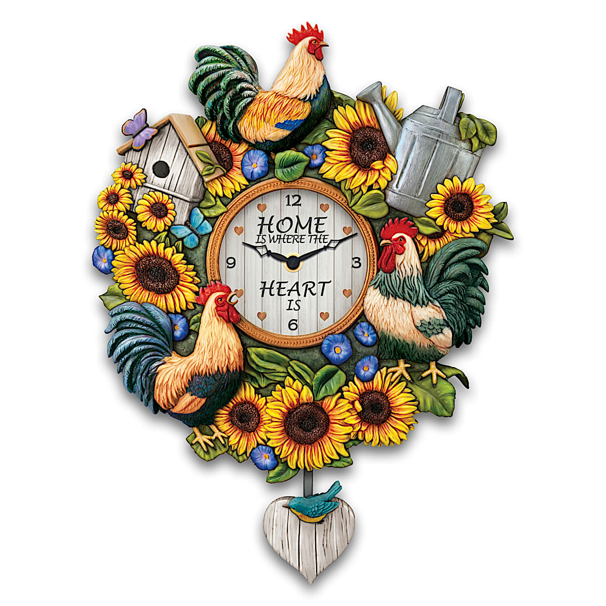 Country Heart Hand-Painted Sculptural Wall Clock Adorned With Roosters ...