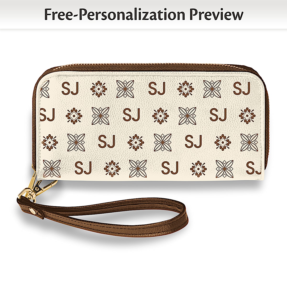 Just My Style Beige Faux Leather Wallet Featuring An All-Over Pattern That Incorporates 2 Personalized initials of Your Choice with Wristlet Strap 