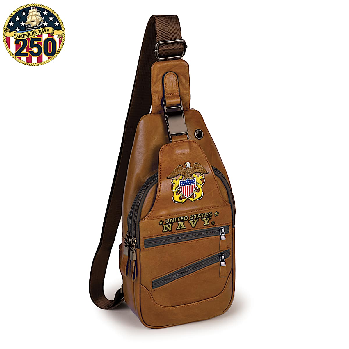 U.S. Navy Mens Brown Faux Leather Crossbody Sling Bag Adorned With A U.S. Navy Emblem Patch
