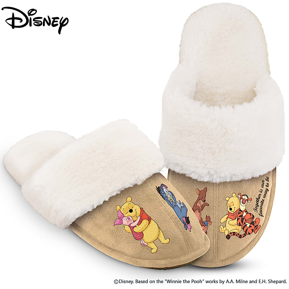 Disney Winnie The Pooh Womens Tan Faux Suede Slippers Adorned With Winnie The Pooh Art Feature A Flexible Sole Lined With Cozy Faux Fur