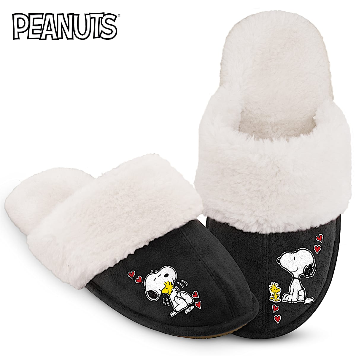 PEANUTS Snoopy And Woodstock Black Faux Suede Slippers Adorned With Snoopy And Woodstock Art Feature A Flexible Sole Lined With Cozy Faux Fur