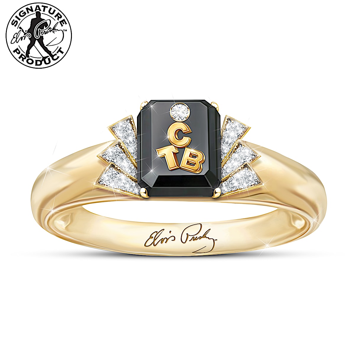 18K Gold Plated Elvis Presley Ring Featuring The TCB Logo On A Black Inlay With Crystal Accents