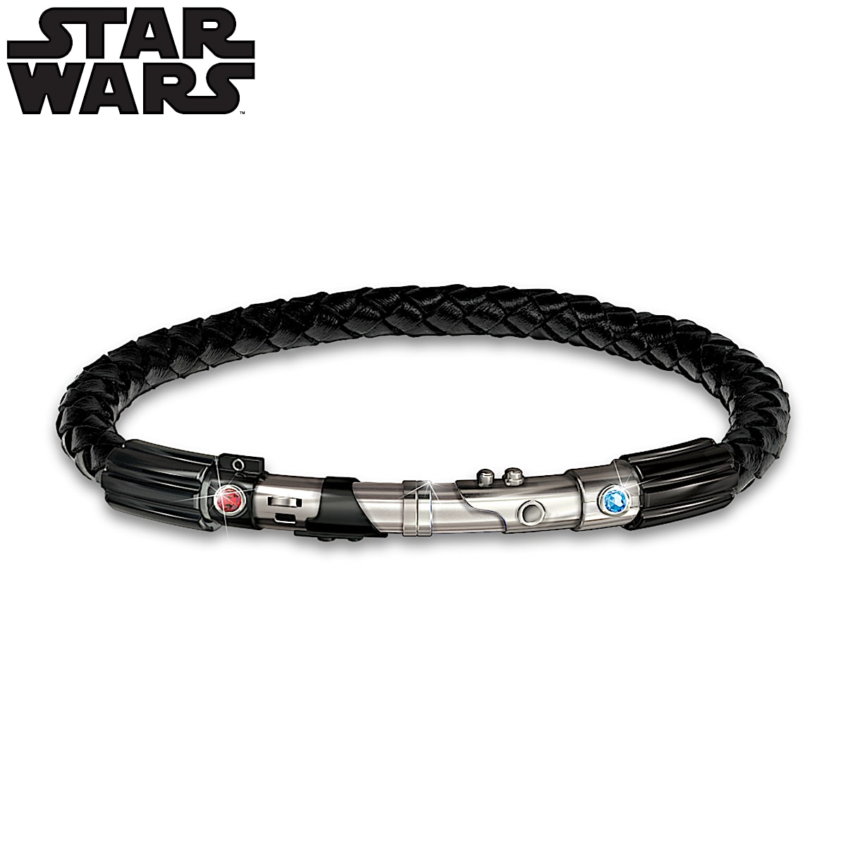 STAR WARS Leather Bracelet Featuring A Lightsaber Clasp With Simulated Blue And Red Kyber Crystals