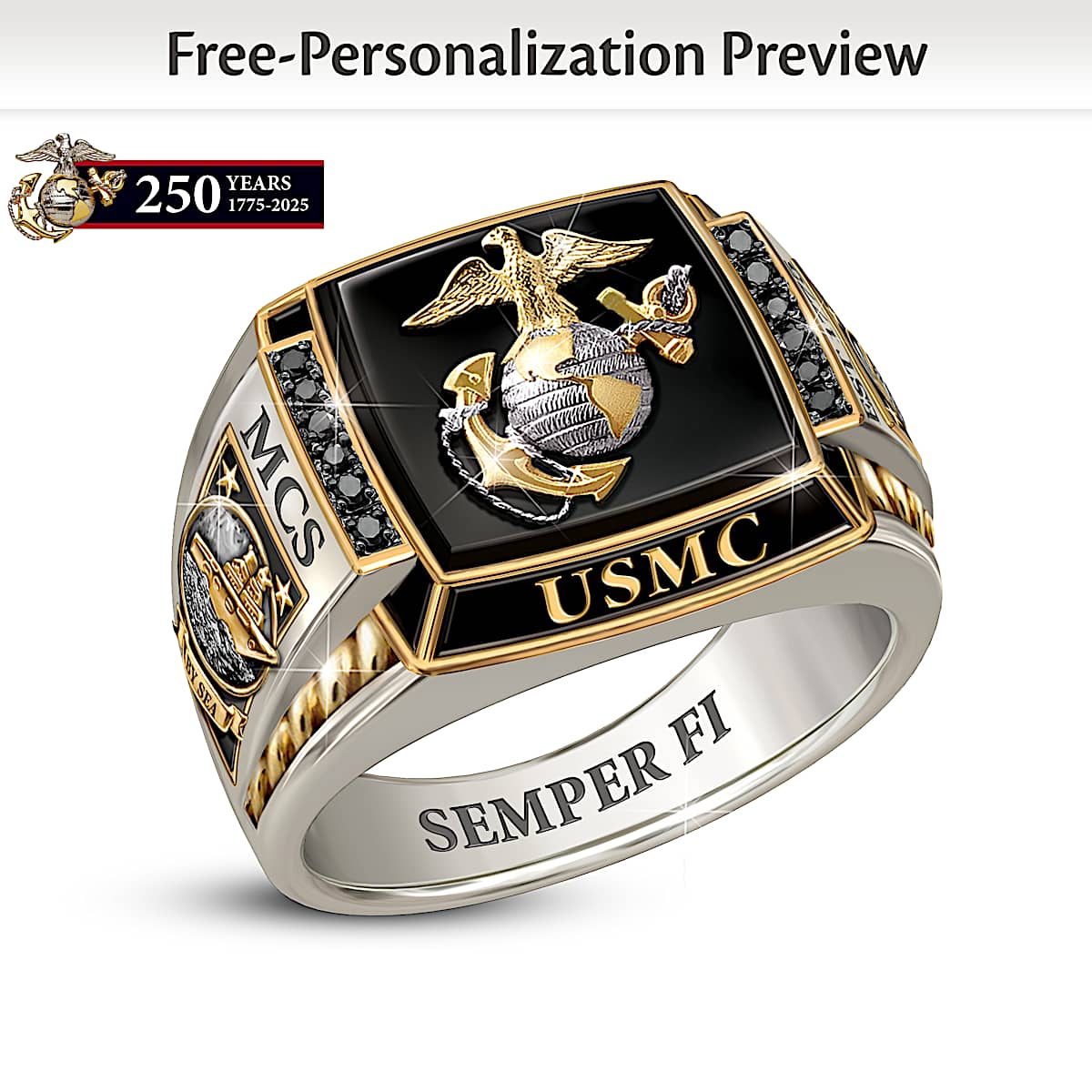 USMC Ring Adorned With 18K Gold Plated Accents 12 Black Diamonds And Engraved With 3 Initials