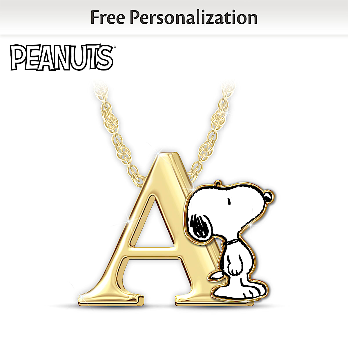 PEANUTS 18K Gold Plated Initial Pendant Featuring Snoopy In A Playful Pose And Woodstock Charm