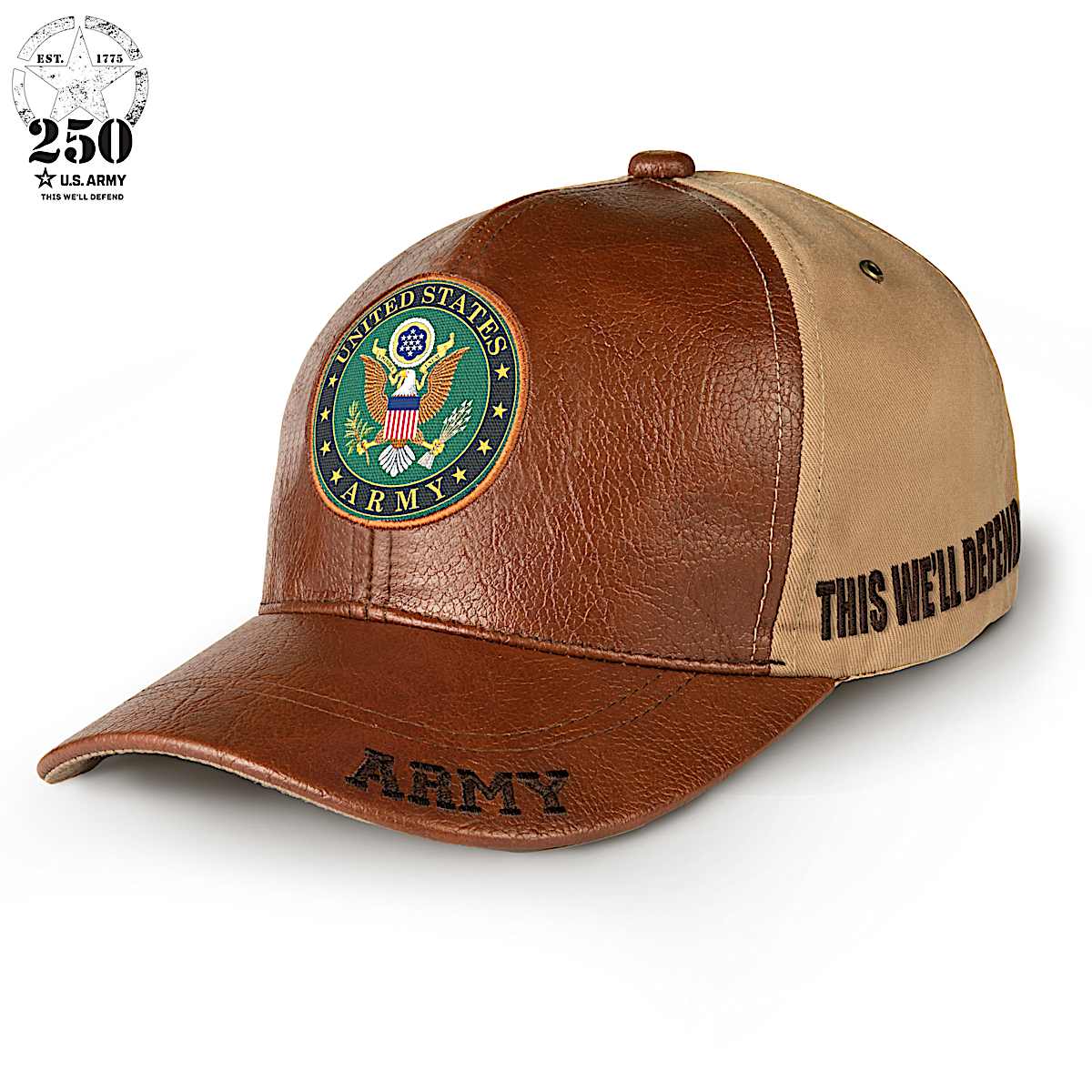 U.S. Army Strong Mens Brown Faux Leather Adjustable Hat Featuring An Army Emblem Patch