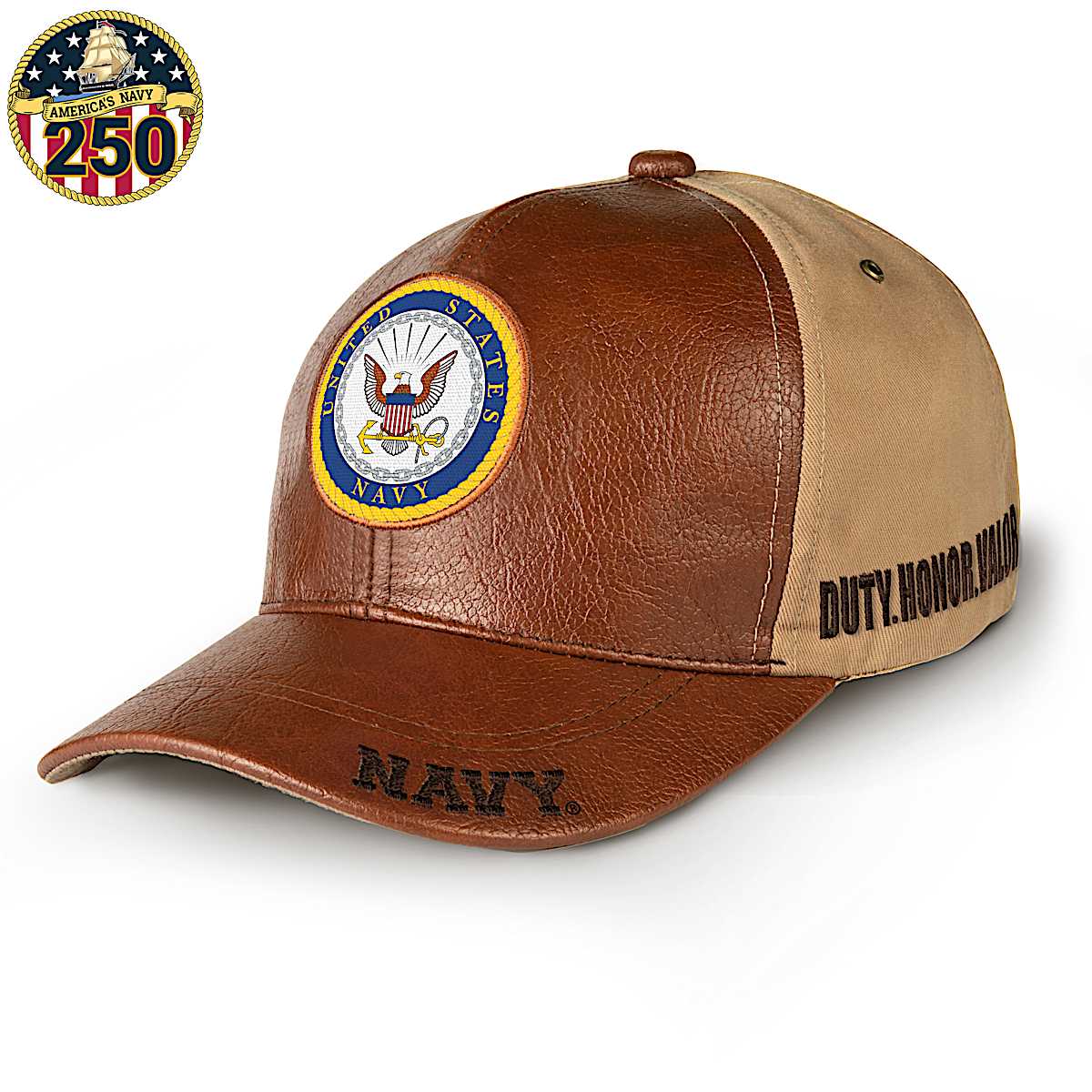 U.S. Navy Strong Mens Brown Faux Leather Adjustable Hat Featuring 