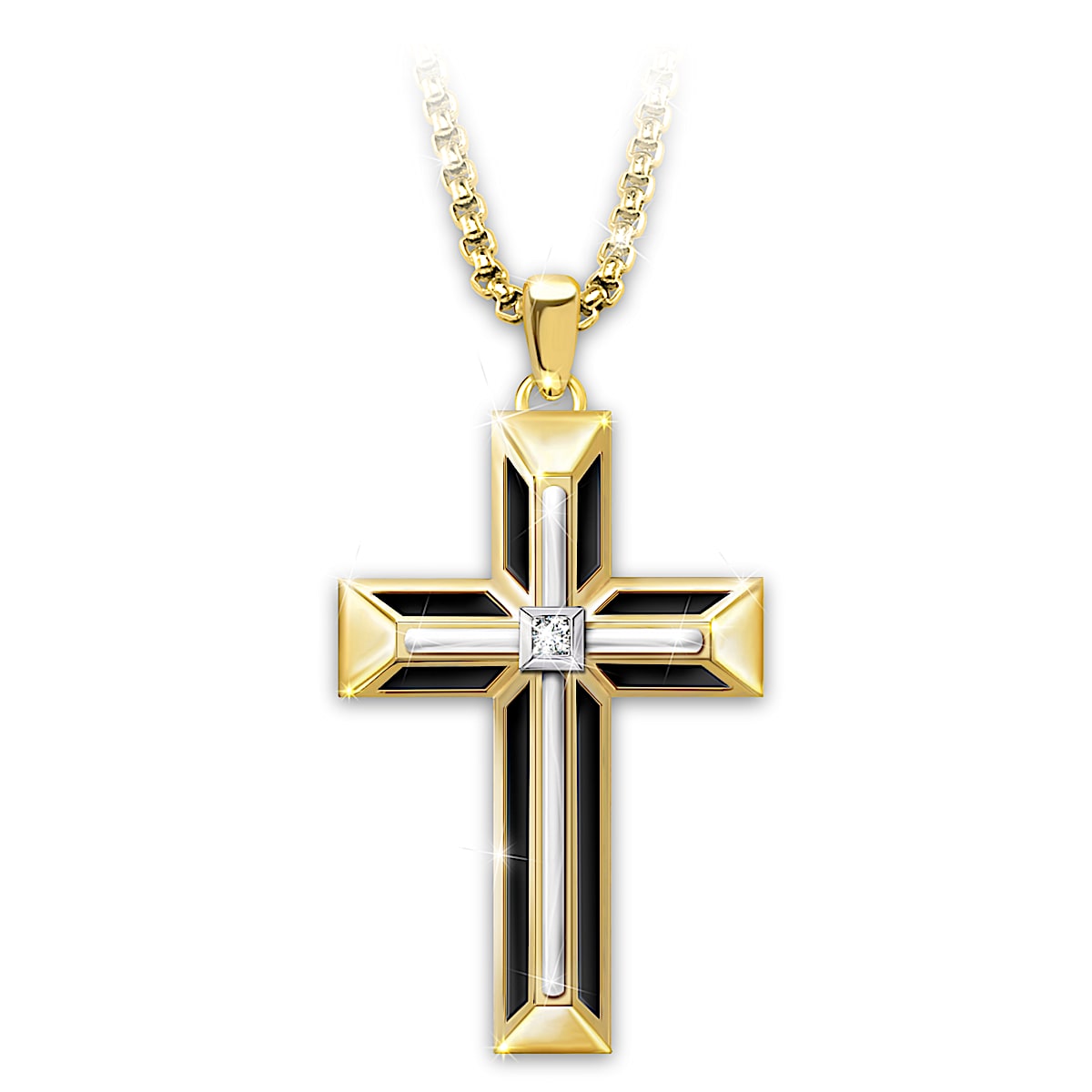 Mens Religious Cross Pendant Necklace Adorned With A White Sapphire And ...